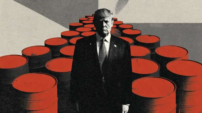 President Donald Trump stands in front of many rows of oil barrels. | Illustration: Eddie Marshall | Midjourney