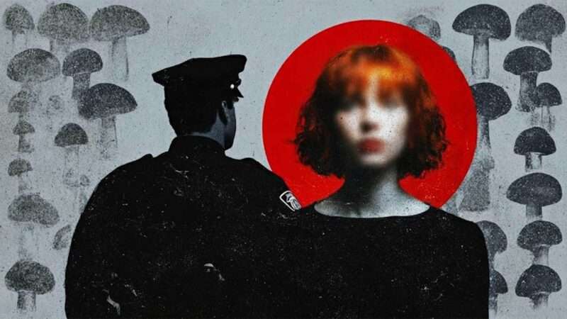 An image of a woman and a police officer, with mushrooms on the border. | Illustration: Eddie Marshall | Midjourney
