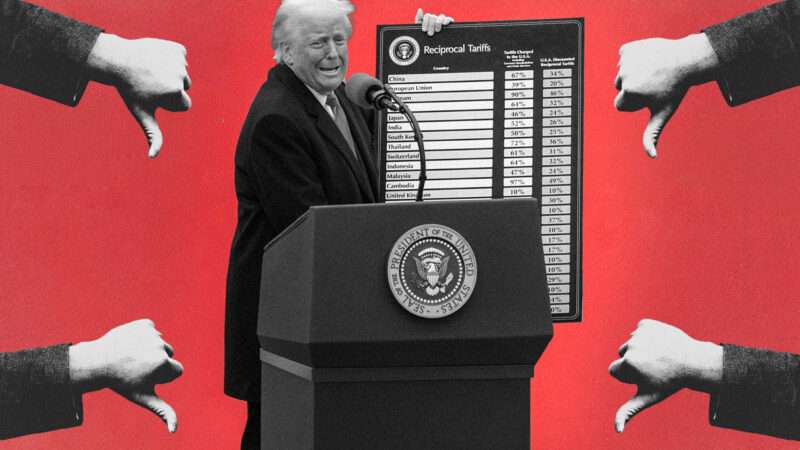 Illustration of downward thumbs and President Donald Trump holding up his reciprocal tariff chart | Credit: Andrew Leyden/ZUMAPRESS/Newscom/Midjourney