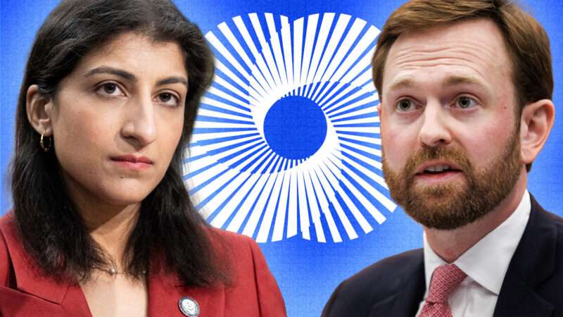 Illustration of Lina Khan and Andrew Ferguson in front of the logo of the Chamber of Commerce | Illustration: Samuel Corum/Sipa USA/Newscom/Michael Brochstein/Sipa USA/Newscom/U.S. Chamber of Commerce