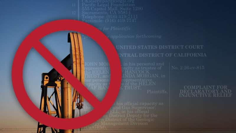 Legal text in the background with an oil well with a red prohibition sign across it | Illustration: Nikolay Mamluke/Dreamstime/Pacific Legal Foundation