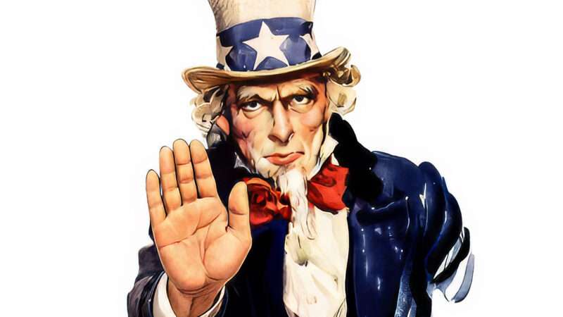 Uncle Sam with a palm raised up to signal 'Stop' | Illustration: Joanna Andreasson Source images: Wikimedia