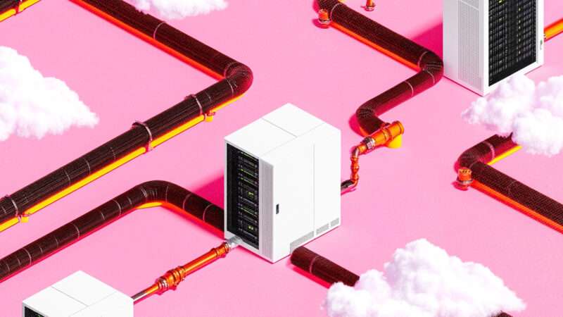 A server connected to tubing against a pink background | Midjourney
