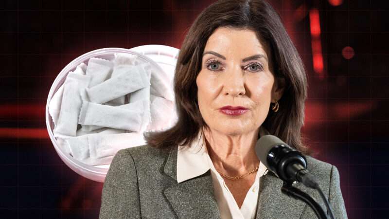 New York Governor Kathy Hochul with nicotine pouches in the background | Lev Radin/ZUMAPRESS/Newscom