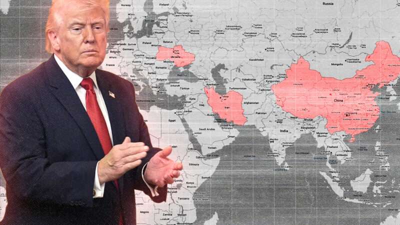President Donald Trump and a map of the world with Ukraine, Iran, and China highlighted | Credit: Abaca Press/Gripas Yuri/Abaca/Sipa USA/Newscom/Google Map