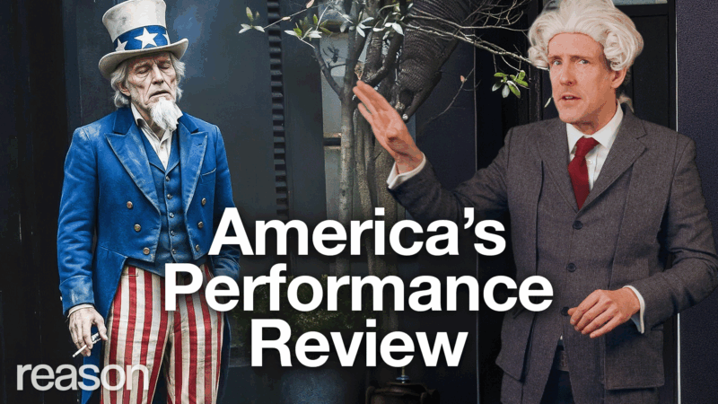 Andrew Heaton in a powdered wig gestures to a tired Uncle Sam | Adani Samat
