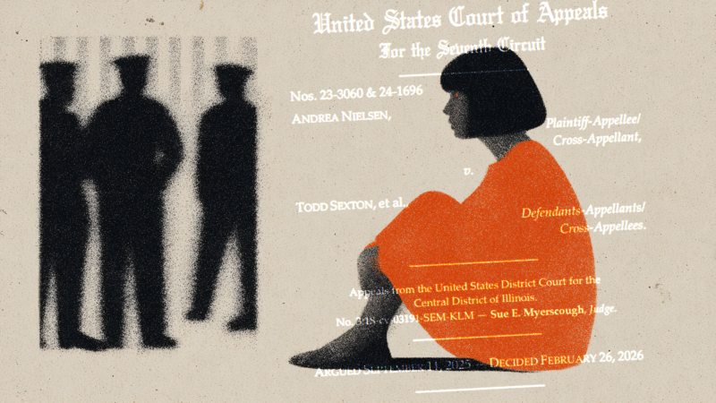 Artwork of a woman in an orange prison uniform sitting down, next to shadowy prison officials | Midjourney