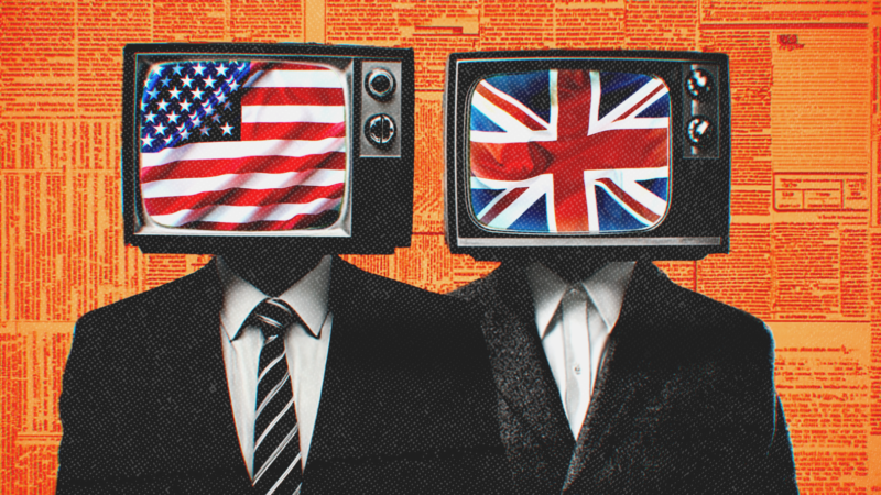 Two men in suits, each with televisions for heads. One TV shows the U.S. flag, the other shows the U.K flag | Adani Samat/Midjourney