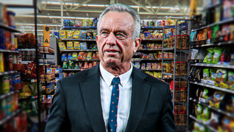 Robert F. Kennedy Jr. photoshopped into a grocery store aisle where he's surrounded by bags and bags of snacks. | Dreamstime/CNP / AdMedia/Newscom