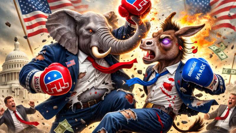 An AI illustration showing a Republican elephant and a Democratic donkey in a boxing match | Illustration: Joanna Andreasson/ChatGPT-5.3