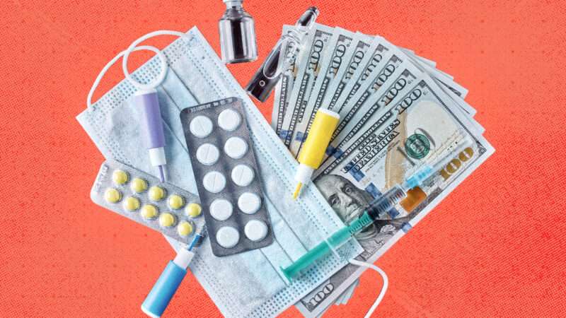 Medication and a mask are seen atop $100 bills | Envato
