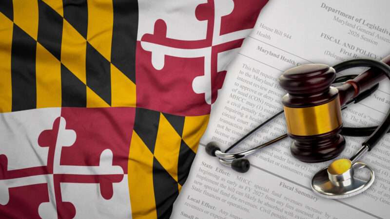 Maryland flag on the left, legal documents with a stethoscope on the right | Illustration: Maryland General Assembly/Ruletkka/Vivian Seefeld/Dreamstime