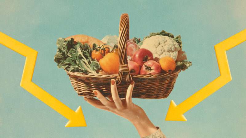 A hands holds a basket of food next to two downward arrows | Illustration: Midjourney