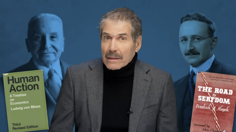 John Stossel is seen between Ludwig von Mises and Friedrich Hayek | Stossel TV