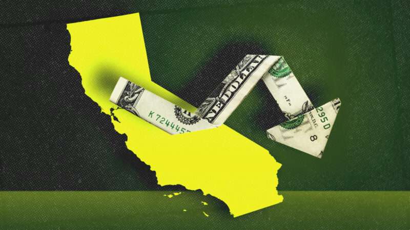 California, and a dollar bill twisted into a downward arrow. | Illustration: Midjourney/Imagepixel/Dreamstime