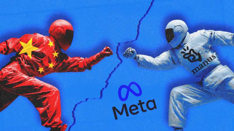 A figure illustrated with the Chinese flag fighting with a figure illustrated with the Manus logo. In the background is a crack, with the Meta name and logo. | Illustration: Midjourney/Nikol85/Dreamstime/Manus/Meta/Wikimedia Commons