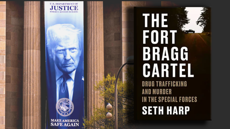 Justice Department building with Trump banner, and the cover of Seth Harp's book 