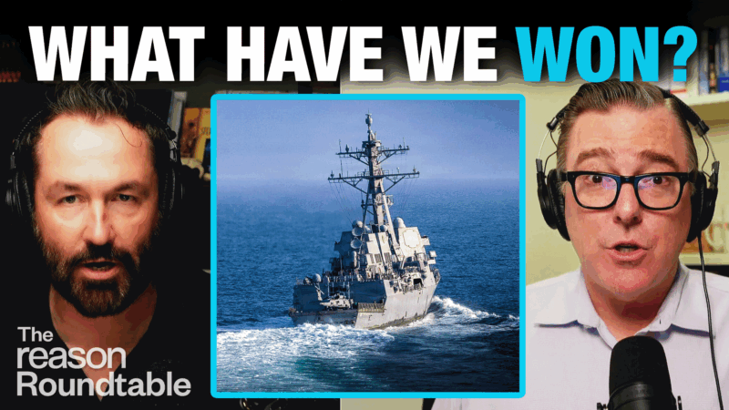 Peter Suderman appears on the left, Matt Welch appears on the right. An image of a U.S. warship at sea appears in the center square. Bold text across the top reads "WHAT HAVE WE WON?" | Illustration: Adani Samat
