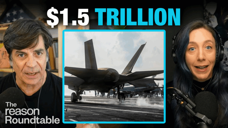 Nick Gillespie appears on the left, Katherine Mangu-Ward appears on the right. An image of a U.S. fighter jet appears in the center square. Bold text across the top of the screen reads "$1.5 Trillion" | Illustration: Adani Samat