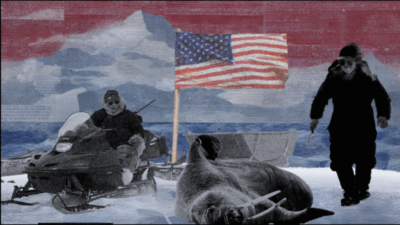 An American flag in between two Greenland hunters | Illustration: Wikimedia Commons/Midjourney