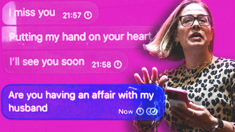 An illustration showing Kyrsten Sinema and text messages about infidelity | Tom Williams/CQ Roll Call/Newscom