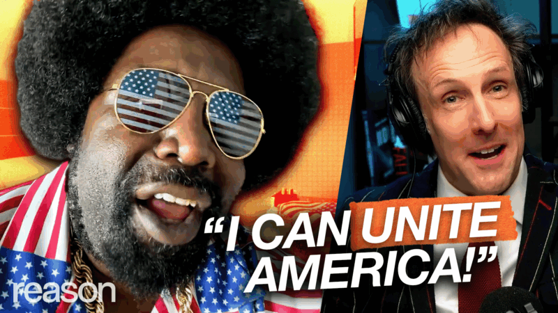 Afroman appears on the left wearing an American flag suit and sunglasses, speaking in an animated fashion over an orange and yellow background. Andrew Heaton appears on the right, wearing headphones over a blue background. Text at the bottom of the screen reads "I CAN UNITE AMERICA!" | Illustration: Adani Samat