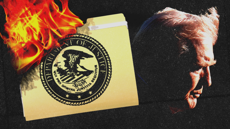 A Department of Justice file on fire, with Donald Trump in the background | Photo: Sipa USA/Newscom/Envato