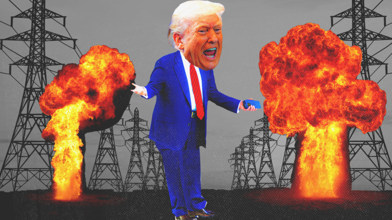 A cartoon of Trump standing in front of power grid infrastructure with two debris clouds from bombing also seen | Illustration: Adani Samat, Photo: Michael Brochstein/ZUMAPRESS/Newscom/Yuri Gripas - Pool via CNP / MEGA/RSSIL/Dreamstime