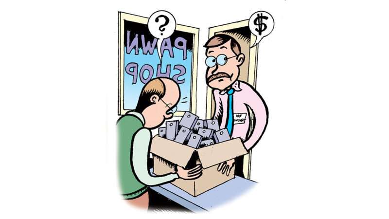 A comic cell of a man in a pawn shop | Illustrations: Peter Bagge