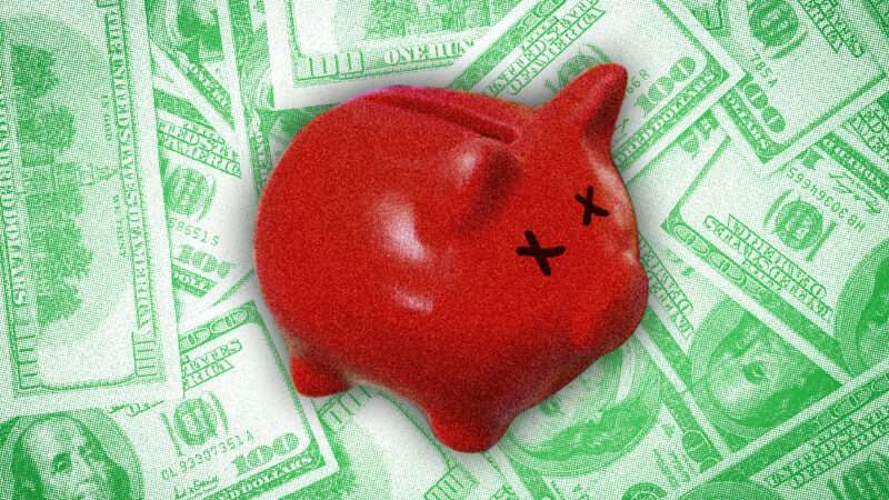 Red piggy bank with x's over the eyes in front of a background of money | Illustration:Lightvision/Dreamstime/imageBROKER/Christian Ohde/Newscom