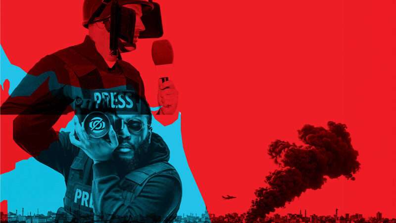 A collage image with a mostly read background with hints of neon blue—the three images combined are a short city skyline with black smoke rising up as a plane flies nearby, an image of a man in a bulletproof vest that says "PRESS" on it holding a microphone, and another man in a bulletproof vest with lettering on it holding up a camera as if he's taking a photo. | Illustration: Joanna Andreasson | Source images: iStock