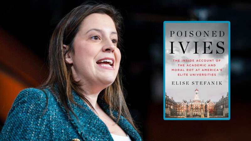 Elise Stefanik and the cover of her book "Poisoned Ivies" | Illustration: BONNIE CASH/UPI/Newscom/Elise Stefanik/Threshold Editions