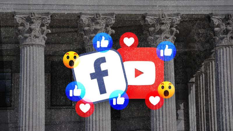 The Facebook and YouTube logos, with a courthouse in the background | Illustration: Sean Pavone/Rvlsoft/Dreamstime