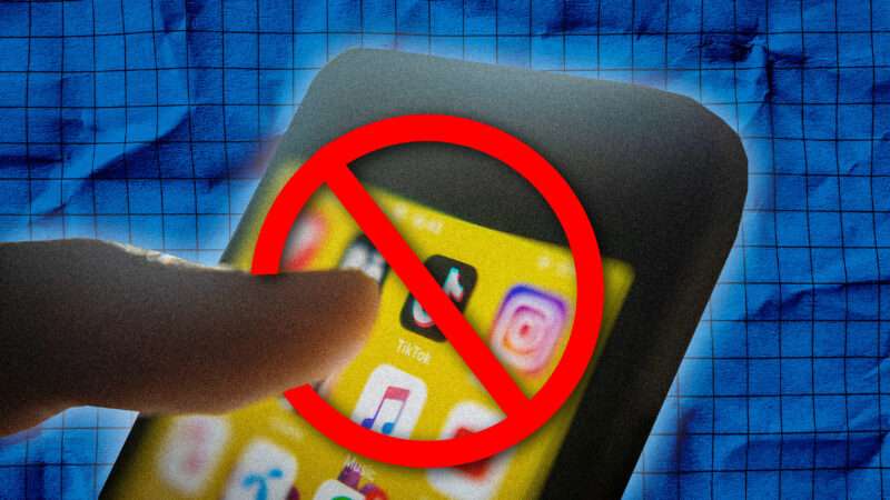 A thumb hits a phone screen full of social media apps, with a "ban" circle and line through it. | Illustration: Pawinee Jaruwaranon/Wachiwit/Dreamstime