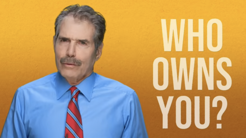 John Stossel stands next to the words "Who owns you?" | Stossel TV