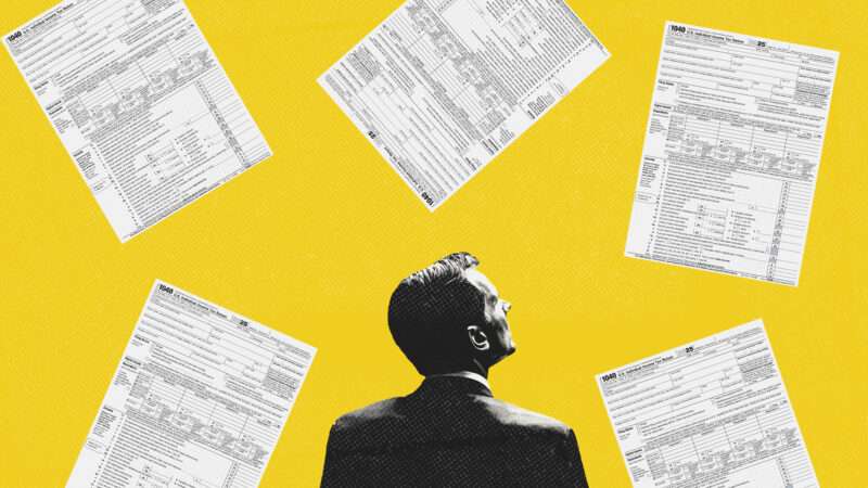 A man stares up at tax documents | Illustration: Internal Revenue Service/Midjourney