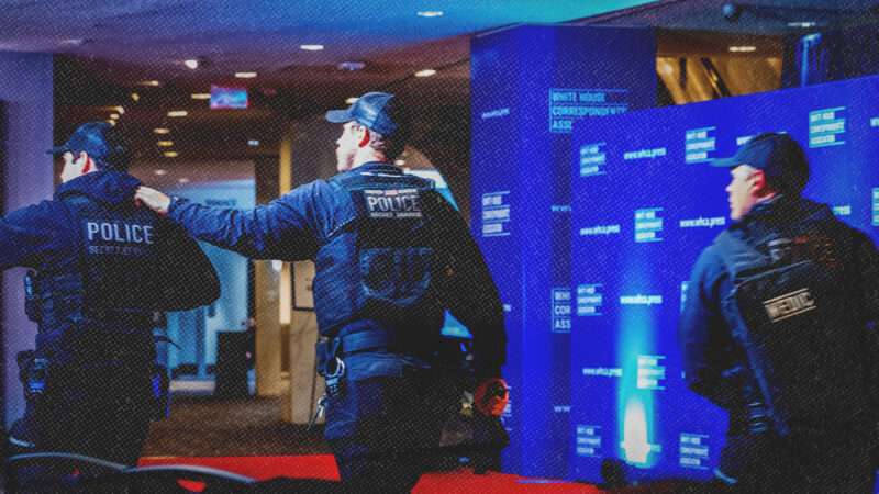 Heavily armed police officers enter the 2026 White House Correspondents' Association dinner in Washington, D.C. | AARON SCHWARTZ/UPI/Newscom