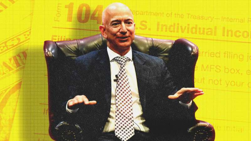 Jeff Bezos sits in a chair against a background of yellow-tinted tax forms | Credit: Envato/Los Angeles Air Force Base Space and Missile System Center/Wikimedia Commons