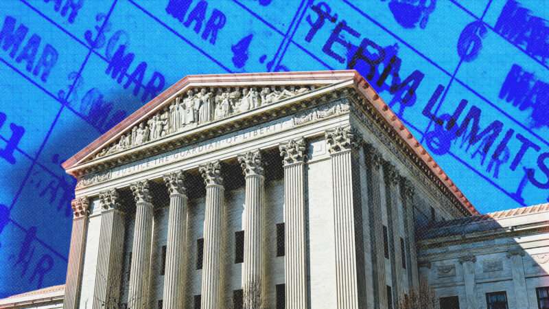 A blue tinted paper with dates and the words "term limits" across the background with the U.S. Supreme Court Building in the foreground | Illustration: Envato