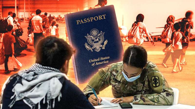 A collage of several different images: one of them a blue U.S. passport book, one of a woman in military fatigues filling out paperwork while talking to a man, the other two images are in the background with an orange tint, showing families with children walking across flat land. | U.S. Marine Corps Forces Central Command/U.S. Army/Svitlana Lutso/Dreamstime