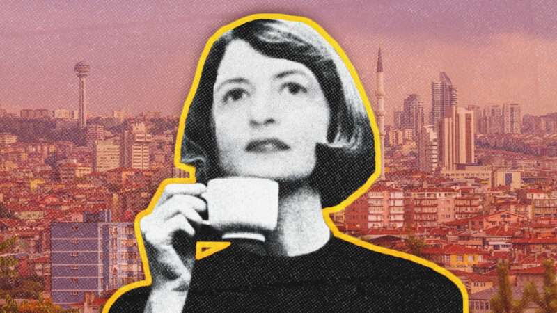 A black-and-white photograph of Ayn Rand, outlined in yellow, holding a small cup. The background image behind her is a red-tinted photograph of the skyline of Ankara, Turkey. | Illustration: Midjourney/Msdogan/Dreamstime/Phyllis Cerf/Random House