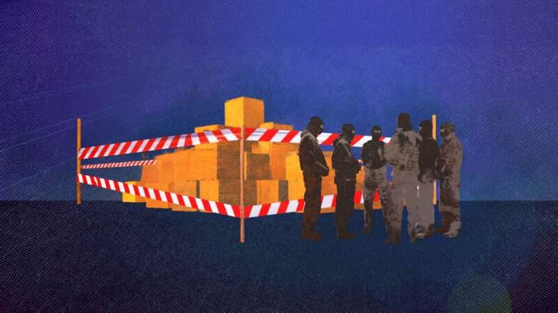 A pile of boxes marked off with caution tape. A group of law enforcement officers stand next to it. | Illustration: Adani Samat