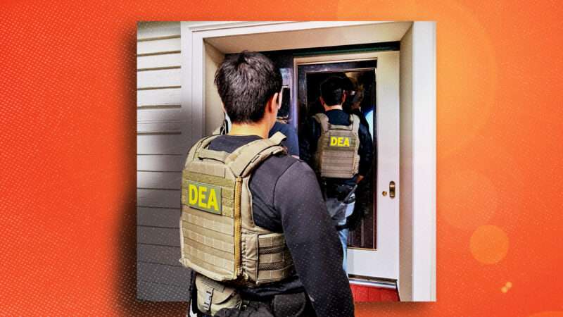 An orange background with a photo of men wearing DEA bulletproof vests entering a home | Illustration: Adani Samat. Photo: DEA