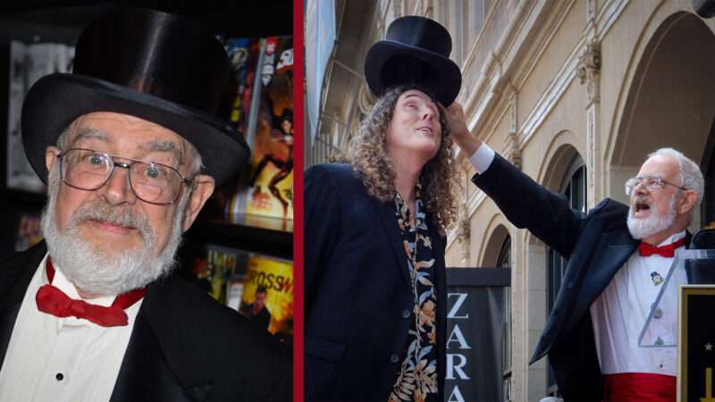 An image split vertically, with the left image a photograph of Dr. Demento in his top hat and red bowtie, and the right image is Dr. Demento in the same outfit, but placing the top hat on Weird Al Yankovic's head. | Illustration: Everett Collection/IM RUYMEN/UPI/Newscom