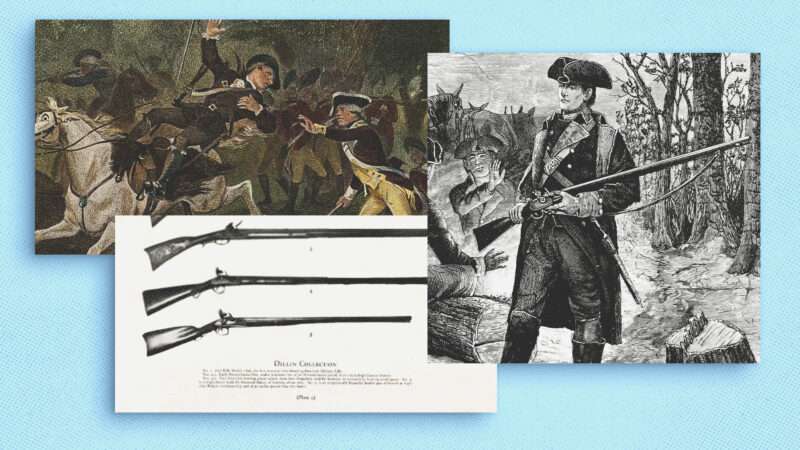 A collage of images related to the American Revolution depicting the use of long rifles | Album / Prisma/Newscom/Library of Congress/