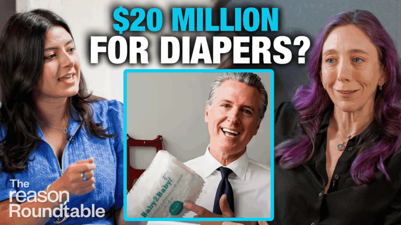 Reem Ibrahim appears on the left, Katherine Mangu-Ward appears on the right. In the center box, there is an image of California Governor Gavin Newsom holding up a package of diapers. Above him reads bold text "$20 Million for Diapers?" | Illustration: Adani Samat
