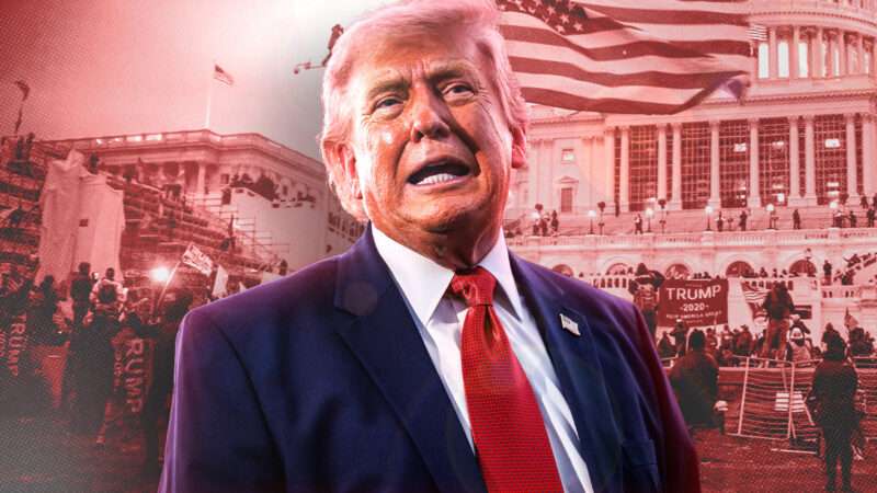 President Donald Trump against a backdrop of the 2021 Capitol riot | Pool via CNP/Picture Alliance/Consolidated News Photos/Newscom/Tyler Merbler