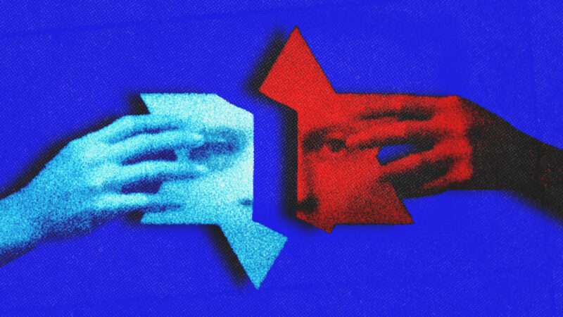 Hands pull apart a masked face shaped like a six-pointed Star of David. | Illustration: Midjourney