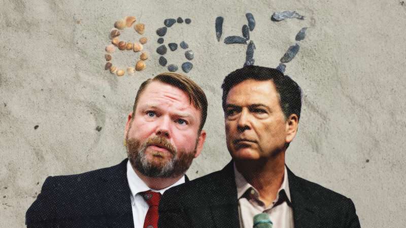U.S. Attorney W. Ellis Boyle and former FBI Director James Comey against a backdrop of seashells in the shape of "86 47" | Max Oden/Sipa USA/than Hyman/TNS/Newscom/James Comey/Instagram