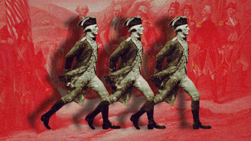 Against a red background, three men in colonial attire are marching. | Illustration: Library of Congress/Midjourney